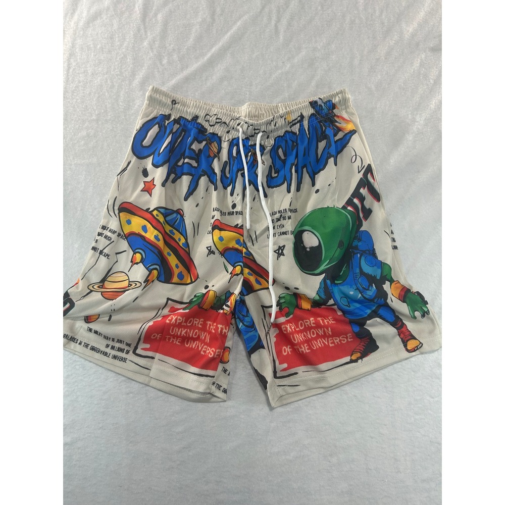 Vintage Outer Space Alien UFO Mesh Basketball Shorts Mens Small Y2K Streetwear
